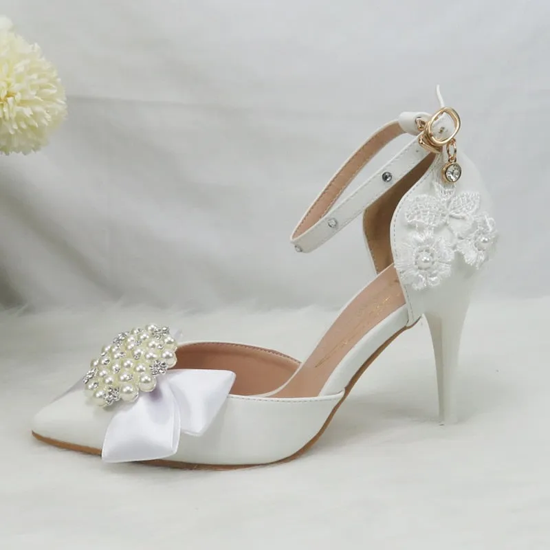 White Lace Flower Buckle Ankle Strap Bridal Dress Shoes