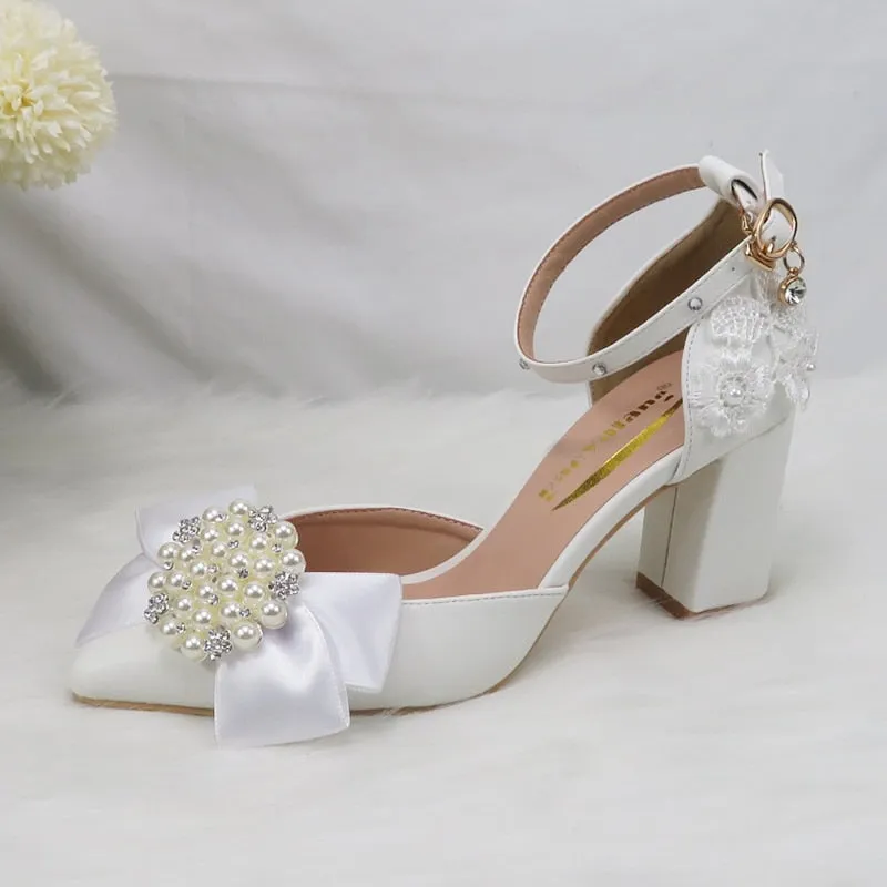 White Lace Flower Buckle Ankle Strap Bridal Dress Shoes