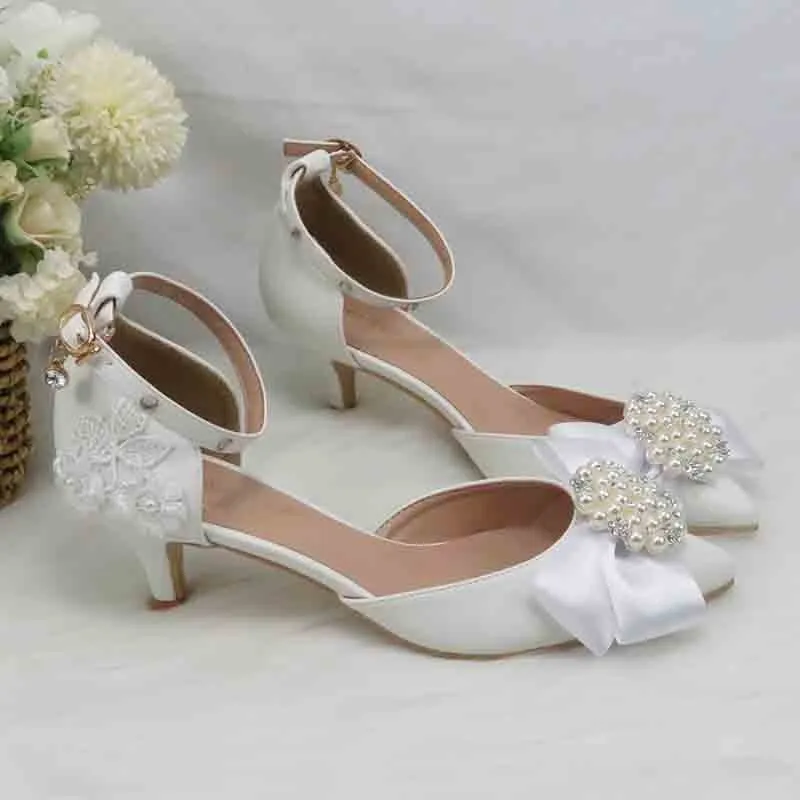 White Lace Flower Buckle Ankle Strap Bridal Dress Shoes