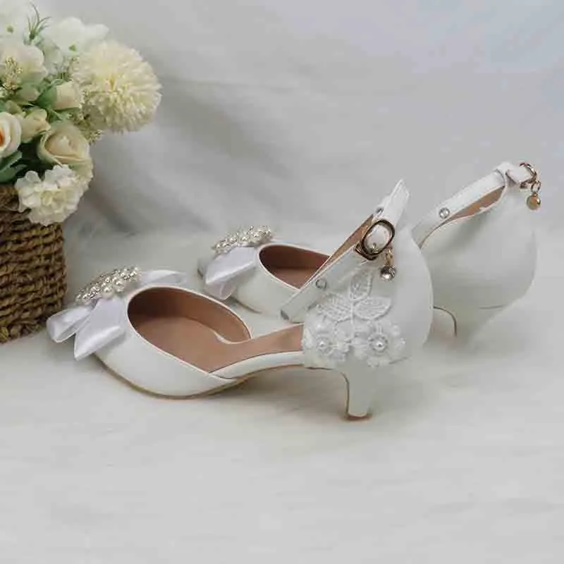 White Lace Flower Buckle Ankle Strap Bridal Dress Shoes