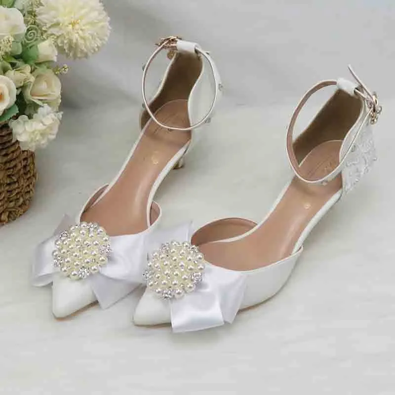 White Lace Flower Buckle Ankle Strap Bridal Dress Shoes