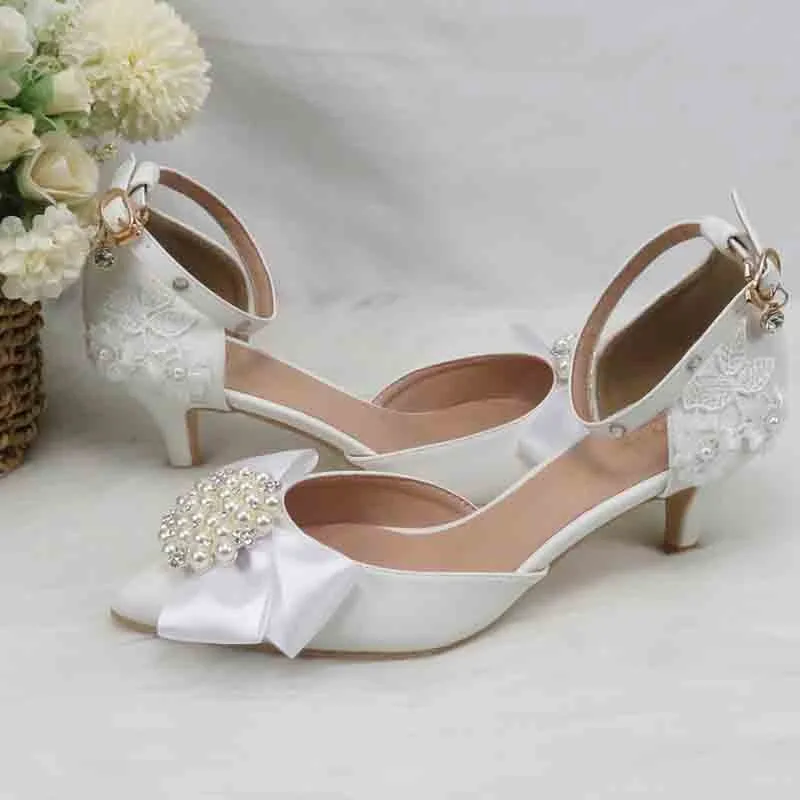 White Lace Flower Buckle Ankle Strap Bridal Dress Shoes