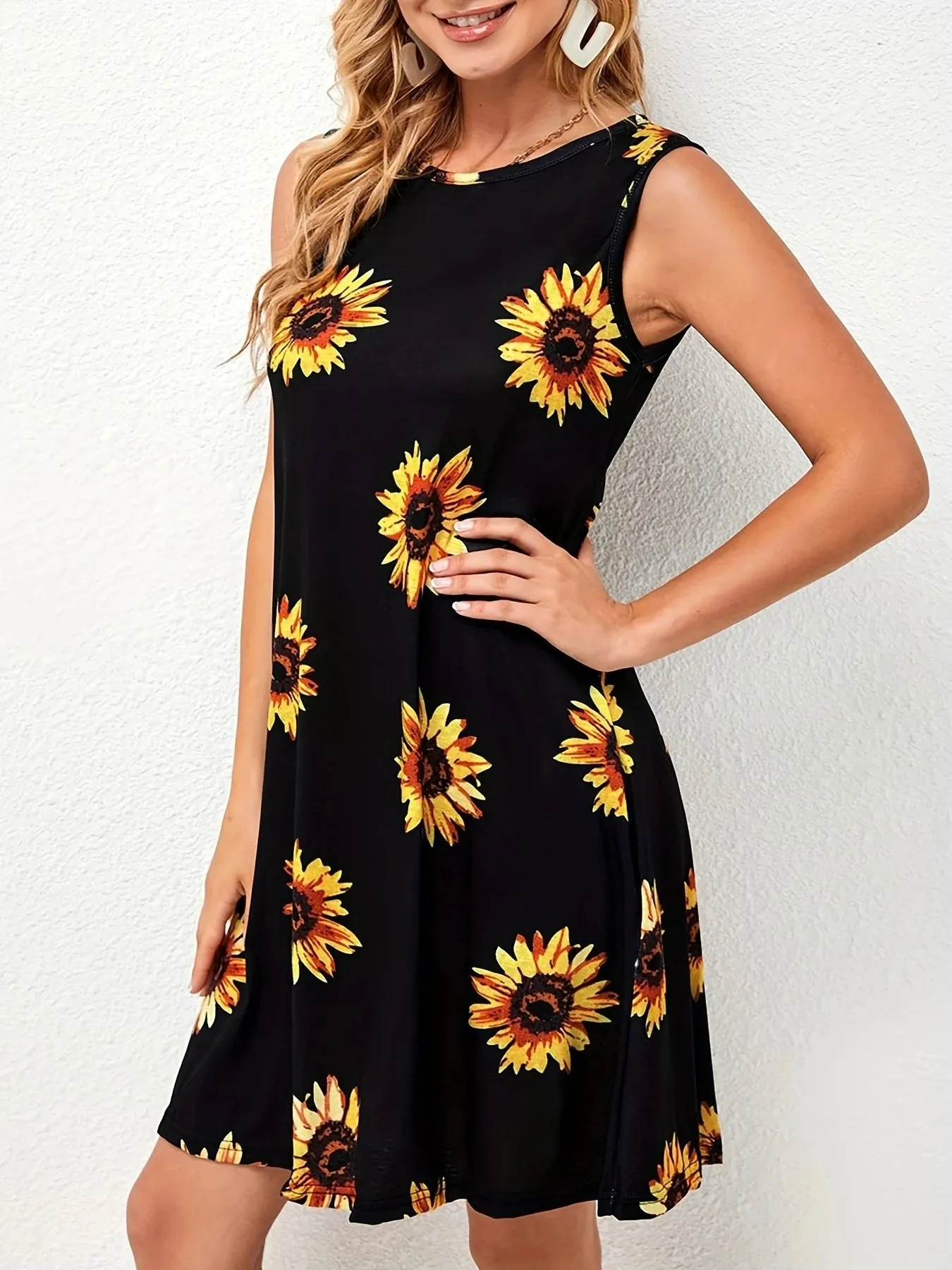 Women Casual Spring Summer O-Neck Sleeveless Sunflower Floral Print knitted Vest Tank Elegant Beach Dresses