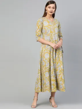 Women Lime Green & Gold Floral Printed Maxi Dress