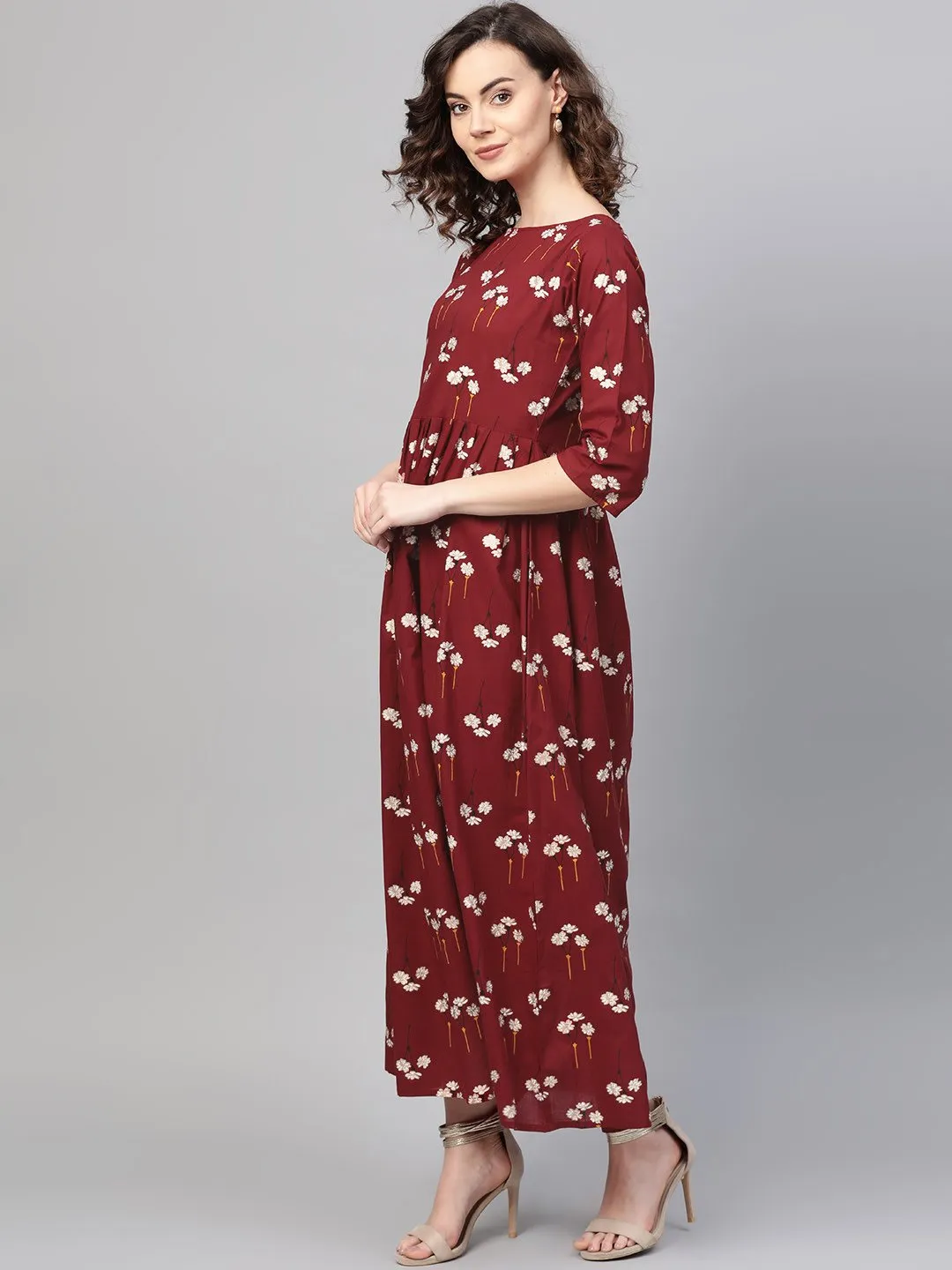 Women Maroon & White Floral Printed Maxi Dress