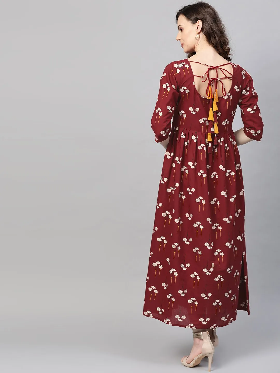 Women Maroon & White Floral Printed Maxi Dress