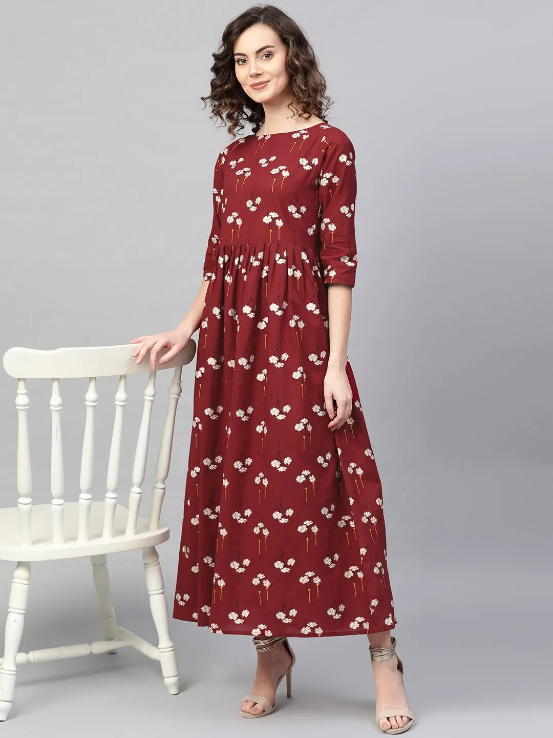 Women Maroon & White Floral Printed Maxi Dress