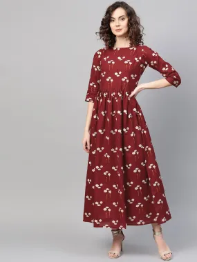 Women Maroon & White Floral Printed Maxi Dress