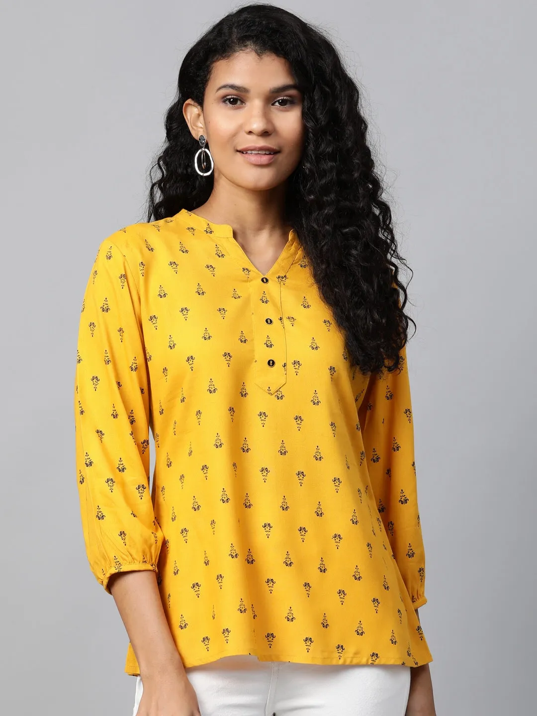 Women Mustard Yellow & Navy Blue Printed Tunic