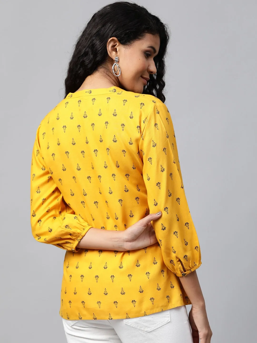 Women Mustard Yellow & Navy Blue Printed Tunic