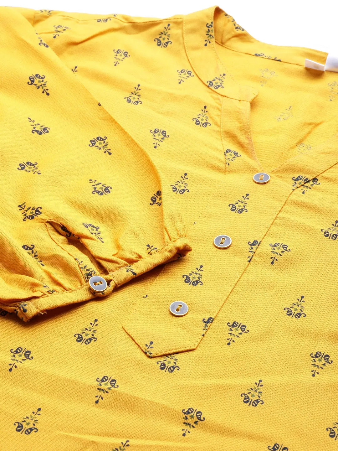 Women Mustard Yellow & Navy Blue Printed Tunic