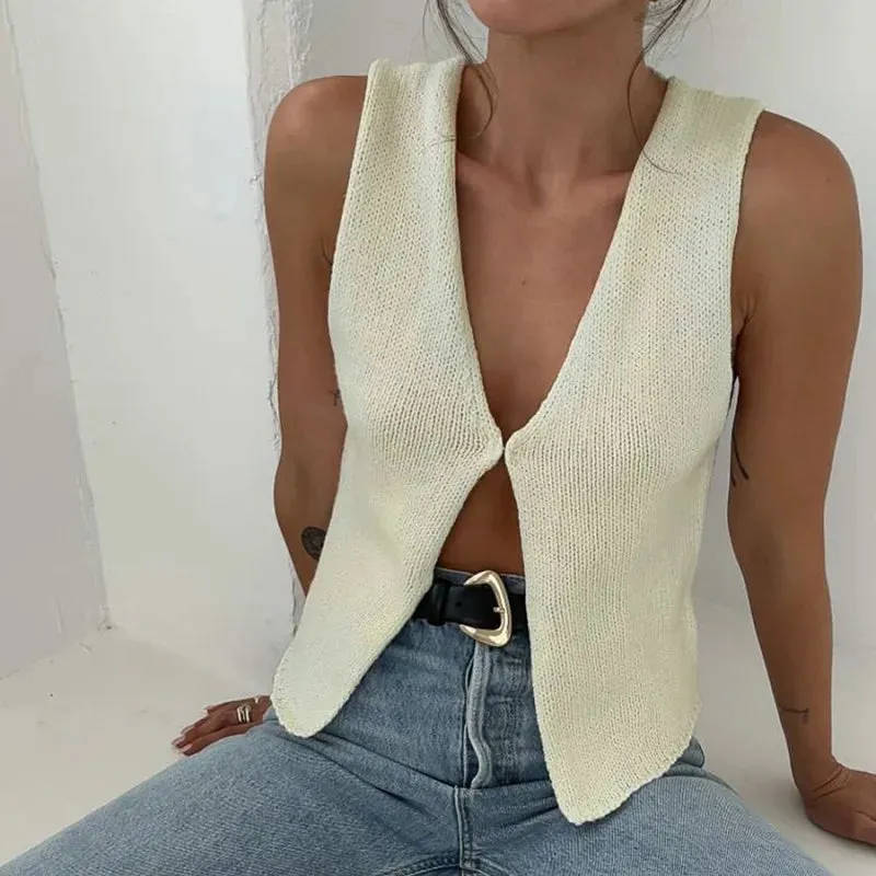 Women Slim Knit V-neck Crop Tops Open Cardigan Vest Camis Simple Crochet Hollow Button Tank Y2K Top