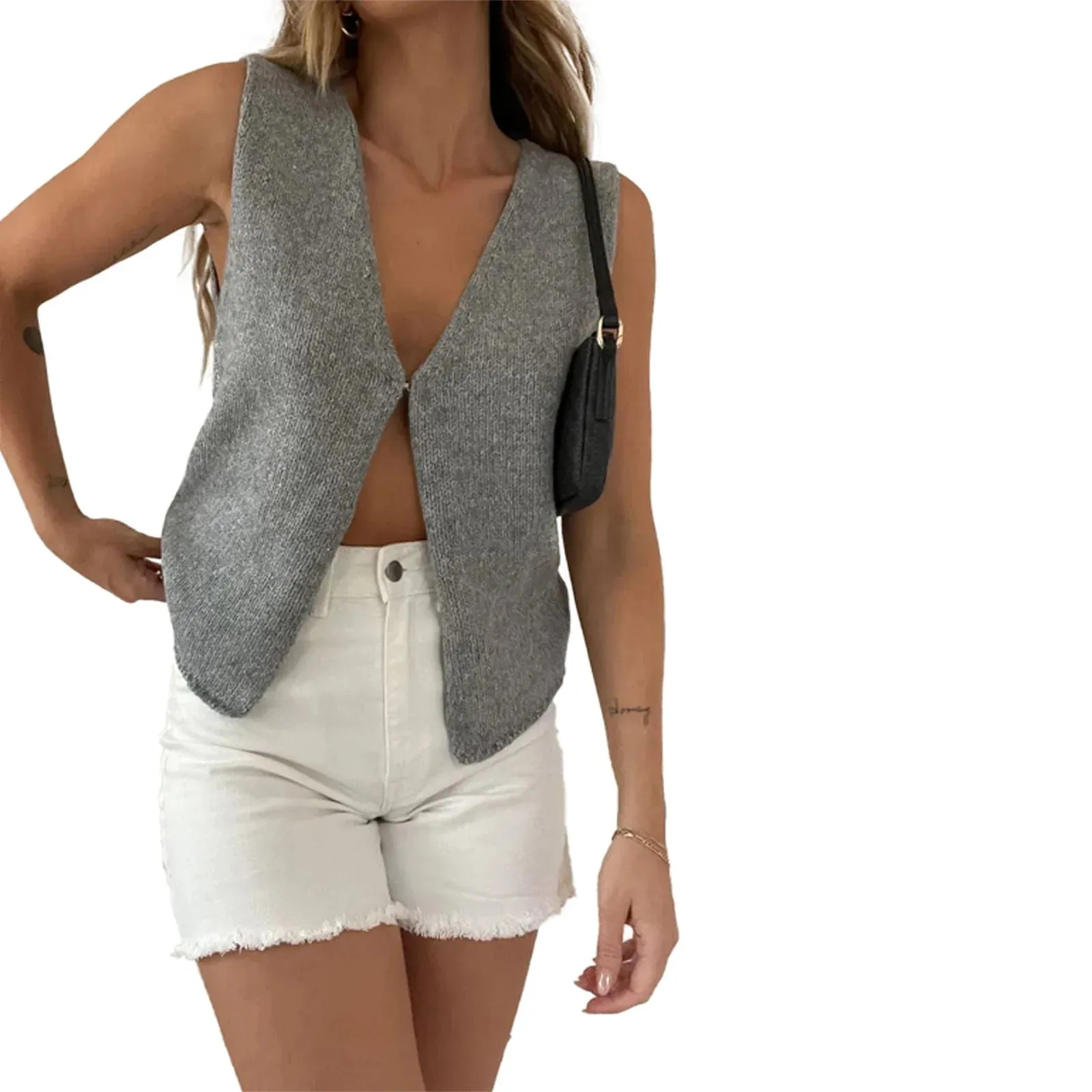 Women Slim Knit V-neck Crop Tops Open Cardigan Vest Camis Simple Crochet Hollow Button Tank Y2K Top