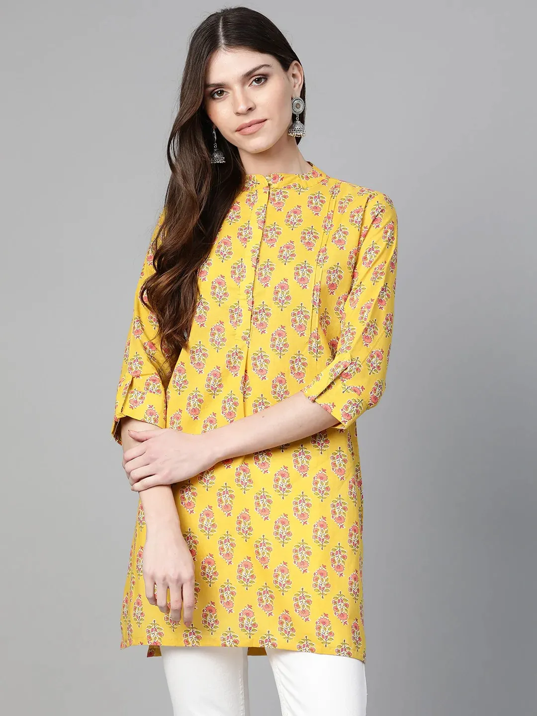 Women'S Mustard Yellow & Pink Floral Print Tunic