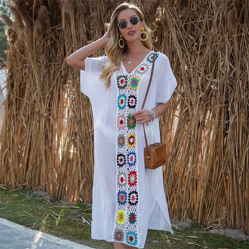 Womens Sexy V-Neck Slit Cover-Ups See-through Beach Maxi Dress