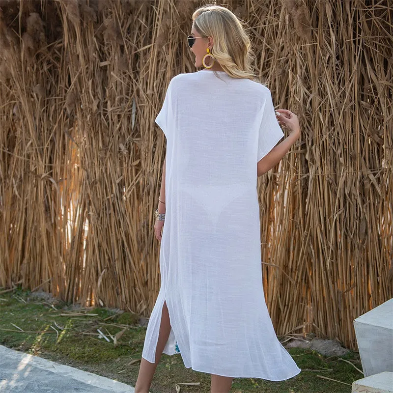 Womens Sexy V-Neck Slit Cover-Ups See-through Beach Maxi Dress