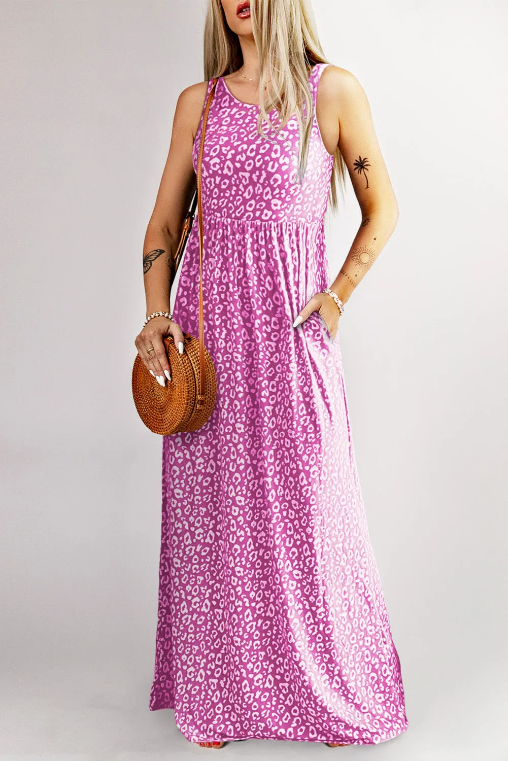 Women's Summer Sleeveless Loose Maxi Dress Leopard Print Pocketed Long Dress