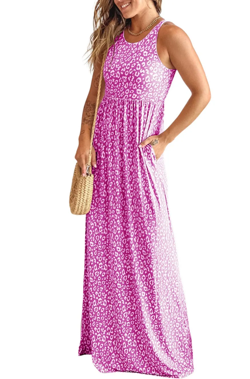 Women's Summer Sleeveless Loose Maxi Dress Leopard Print Pocketed Long Dress