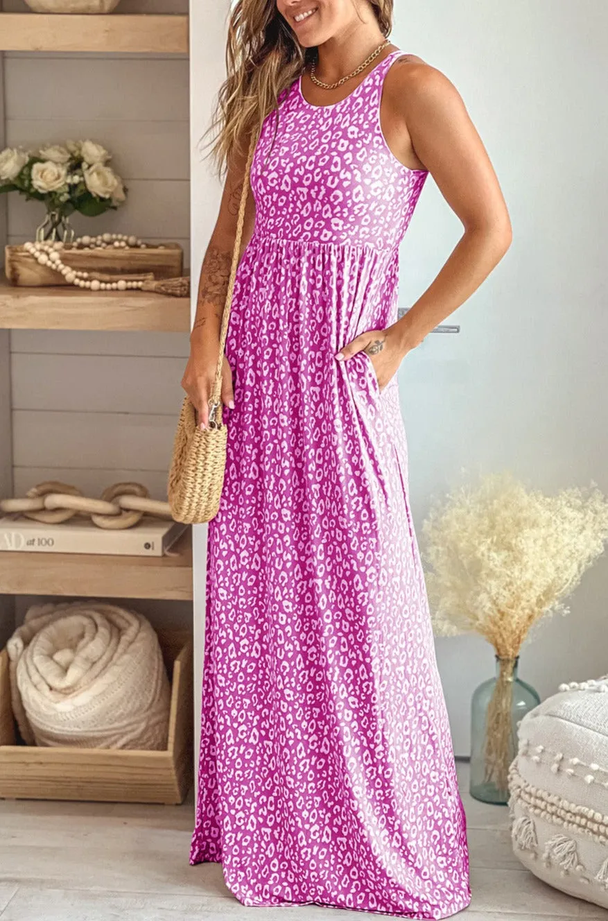 Women's Summer Sleeveless Loose Maxi Dress Leopard Print Pocketed Long Dress