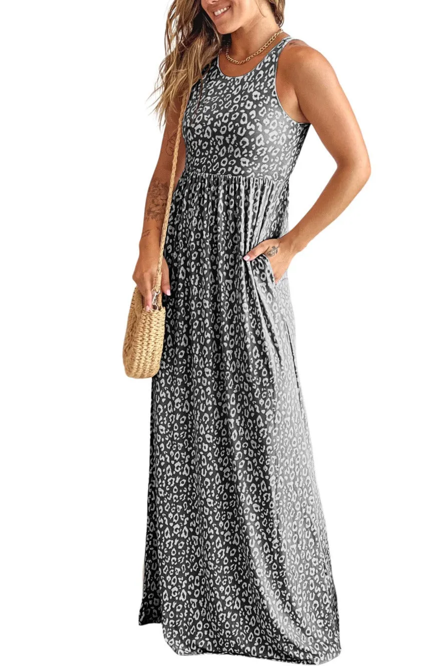 Women's Summer Sleeveless Loose Maxi Dress Leopard Print Pocketed Long Dress