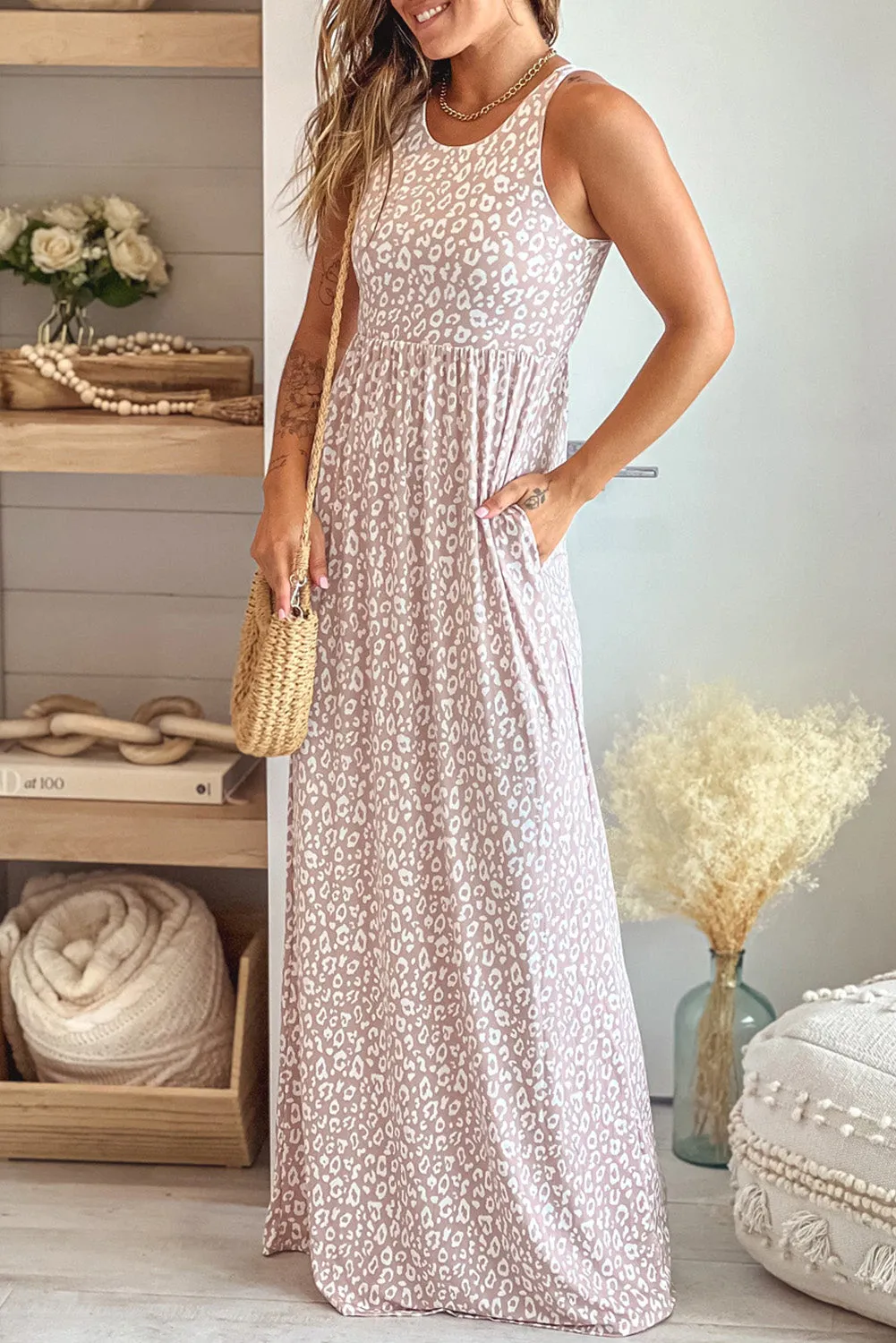 Women's Summer Sleeveless Loose Maxi Dress Leopard Print Pocketed Long Dress