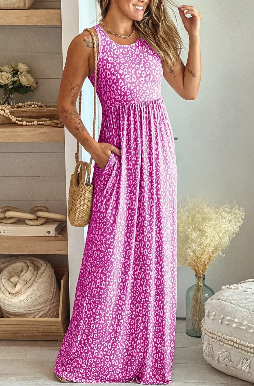 Women's Summer Sleeveless Loose Maxi Dress Leopard Print Pocketed Long Dress