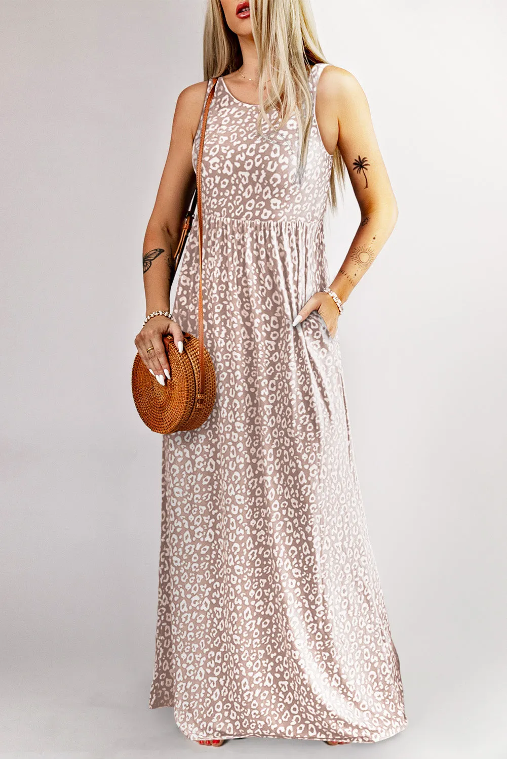 Women's Summer Sleeveless Loose Maxi Dress Leopard Print Pocketed Long Dress