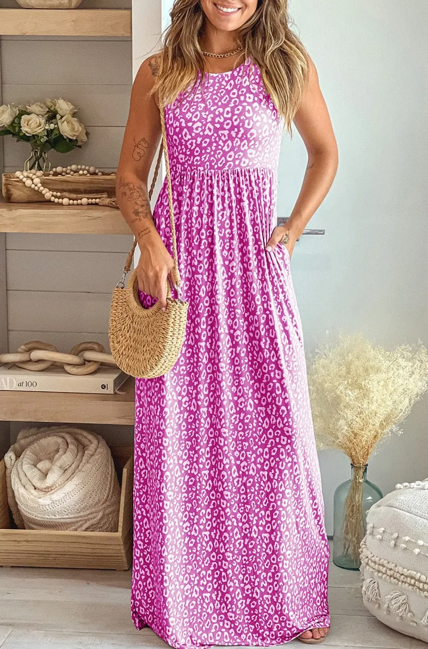 Women's Summer Sleeveless Loose Maxi Dress Leopard Print Pocketed Long Dress