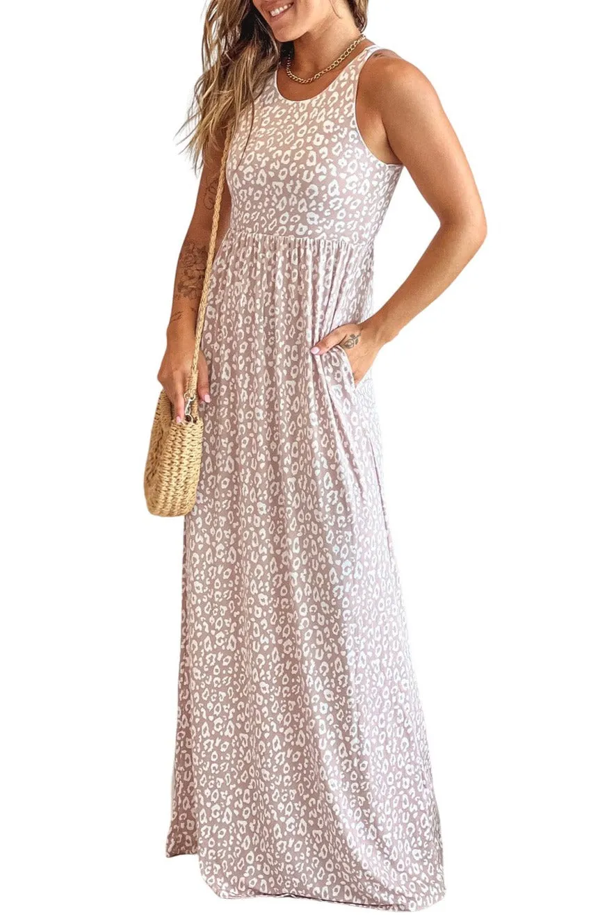 Women's Summer Sleeveless Loose Maxi Dress Leopard Print Pocketed Long Dress