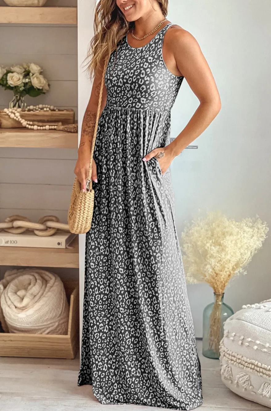 Women's Summer Sleeveless Loose Maxi Dress Leopard Print Pocketed Long Dress