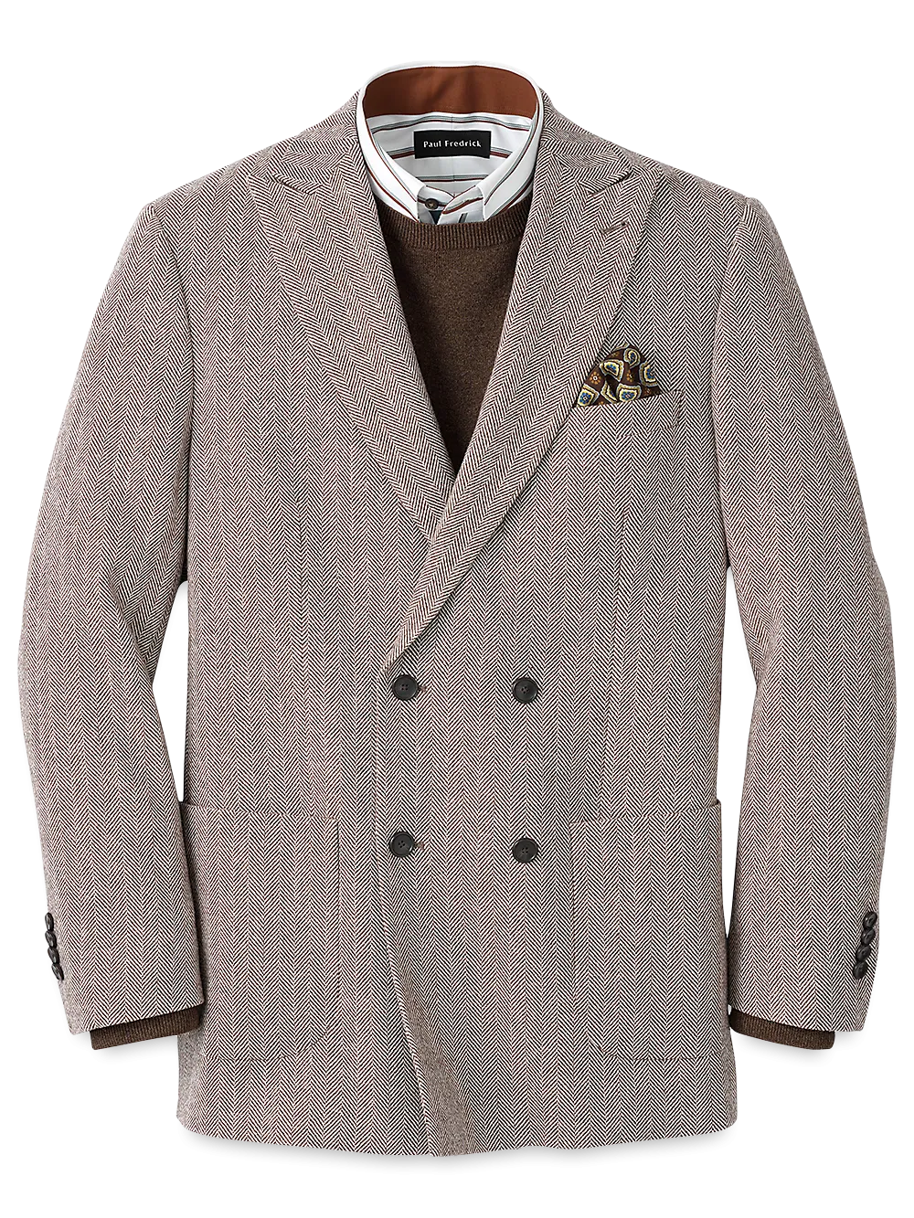 Wool Blend Herringbone Double Breasted Peak Lapel Sport Coat - Ivory/brown