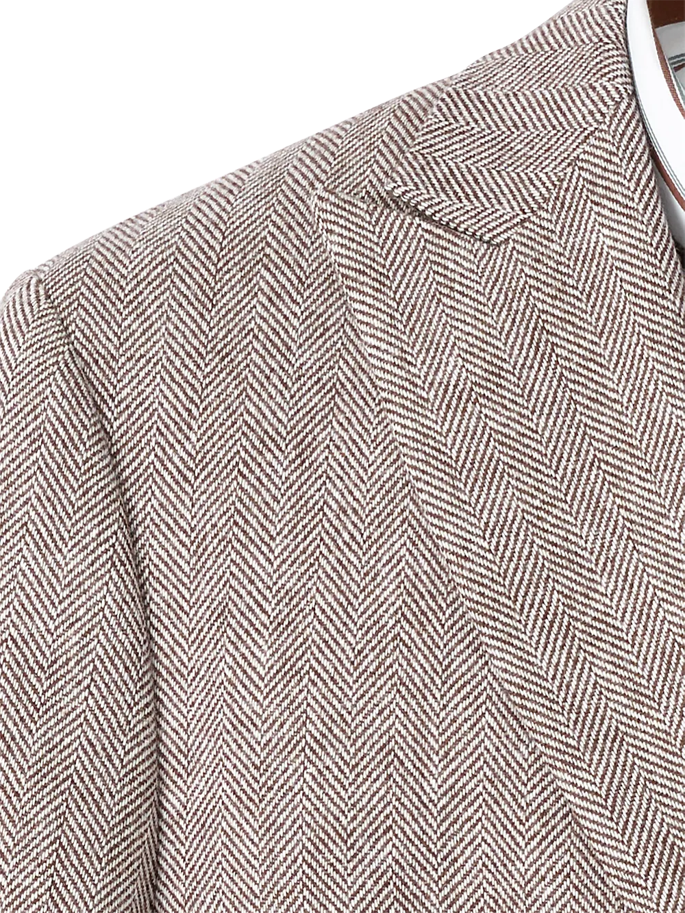 Wool Blend Herringbone Double Breasted Peak Lapel Sport Coat - Ivory/brown