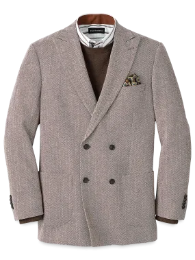 Wool Blend Herringbone Double Breasted Peak Lapel Sport Coat - Ivory/brown