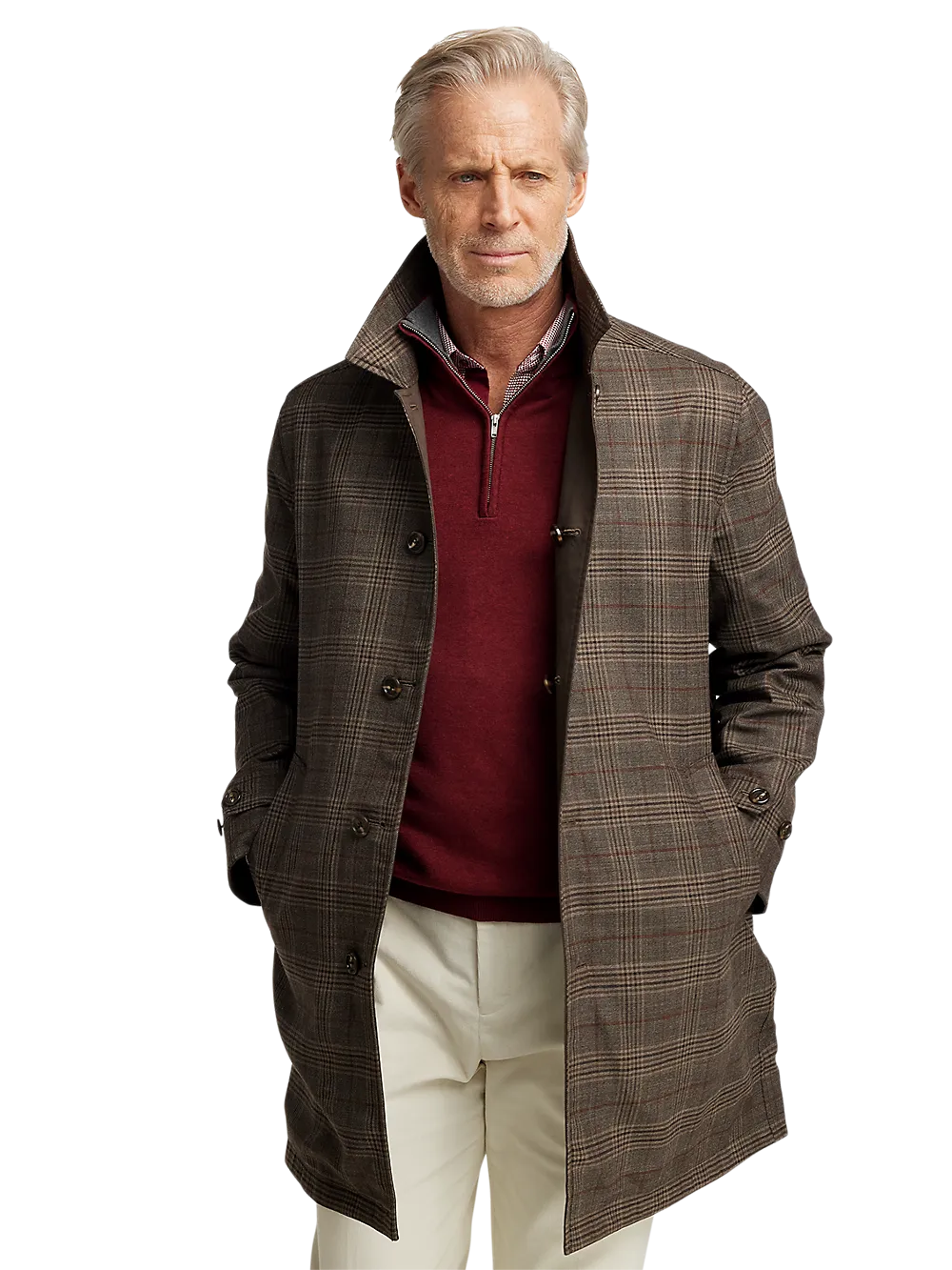 Wool / Cotton Stretch Reversible Plaid Trench Coat - Dark Brown/brown Plaid