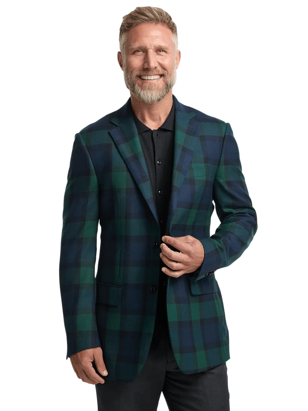 Wool Plaid Single Breasted Notch Lapel Sport Coat - Blue/green