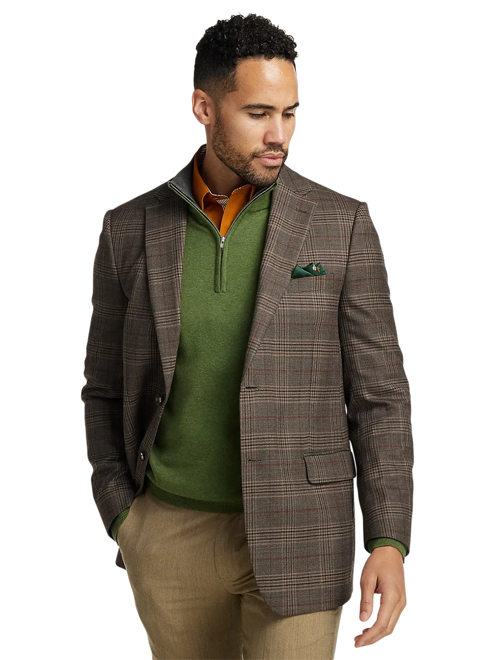 Wool Plaid Single Breasted Notch Lapel Sport Coat - Brown