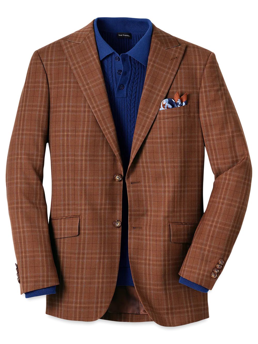 Wool Plaid Single Breasted Peak Lapel Sport Coat - Copper Plaid