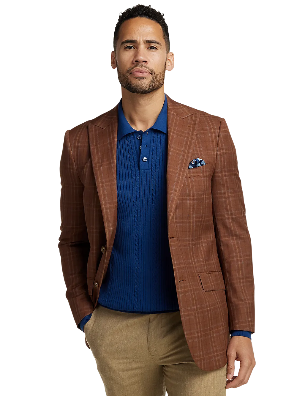 Wool Plaid Single Breasted Peak Lapel Sport Coat - Copper Plaid