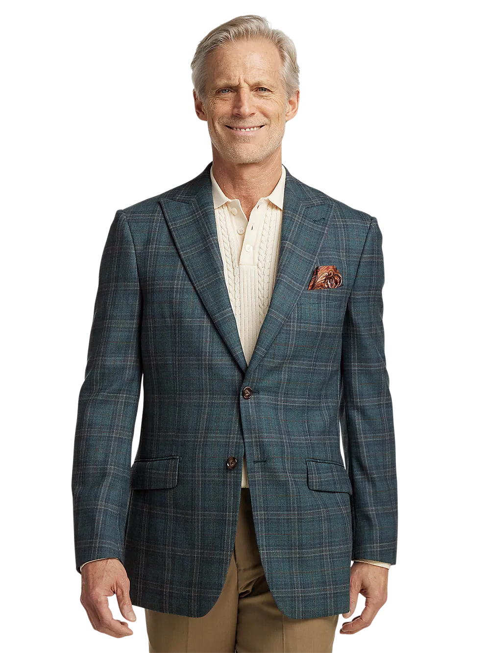 Wool Plaid Single Breasted Peak Lapel Sport Coat - Teal