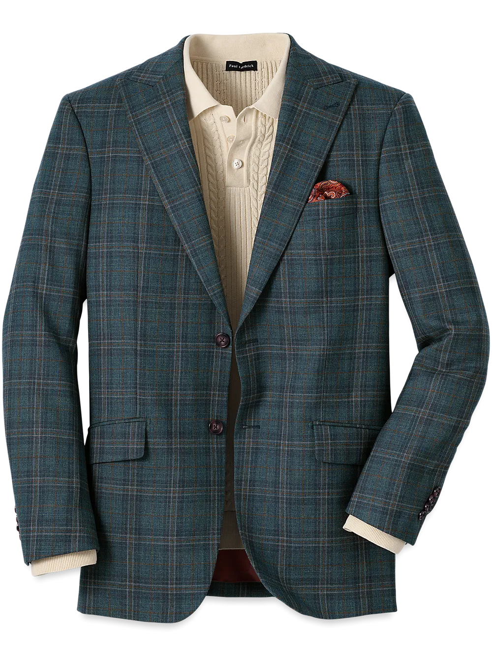 Wool Plaid Single Breasted Peak Lapel Sport Coat - Teal