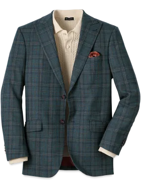 Wool Plaid Single Breasted Peak Lapel Sport Coat - Teal