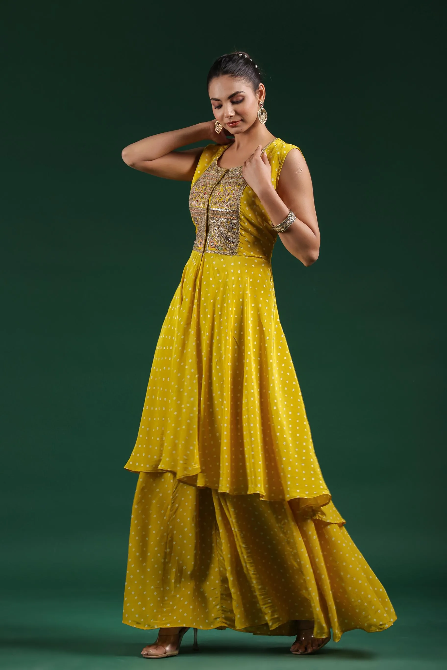 Yellow Bandhani Embroidered Tunic & Palazzo