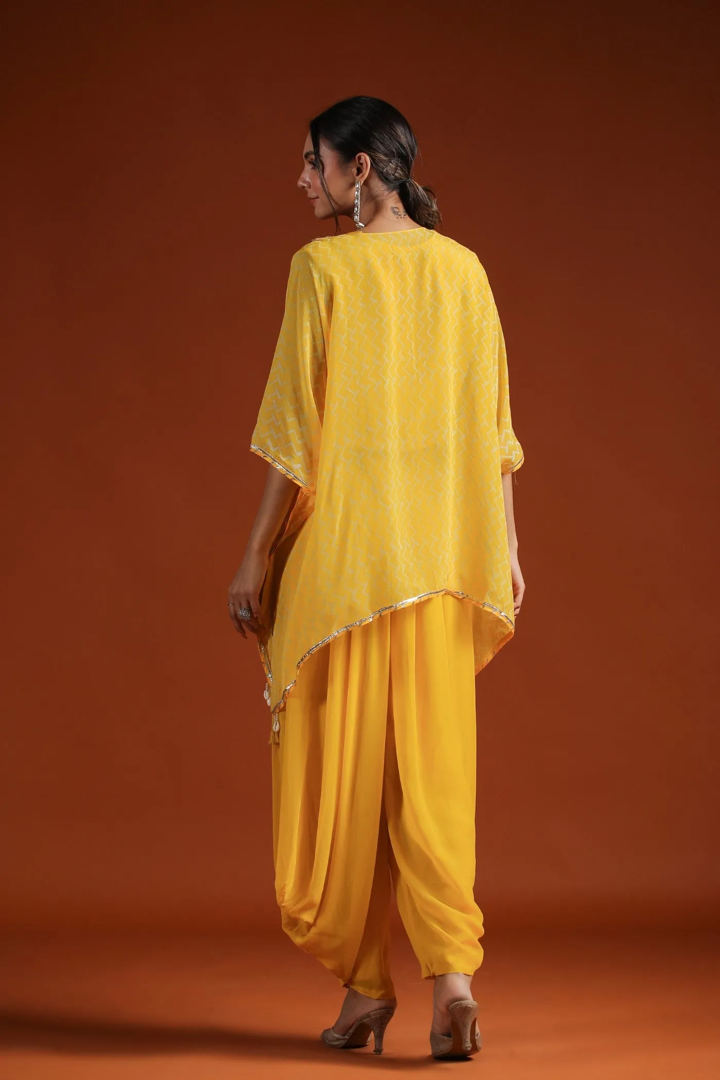 Yellow Chevron Organza Silk Kaftan with Palazzo