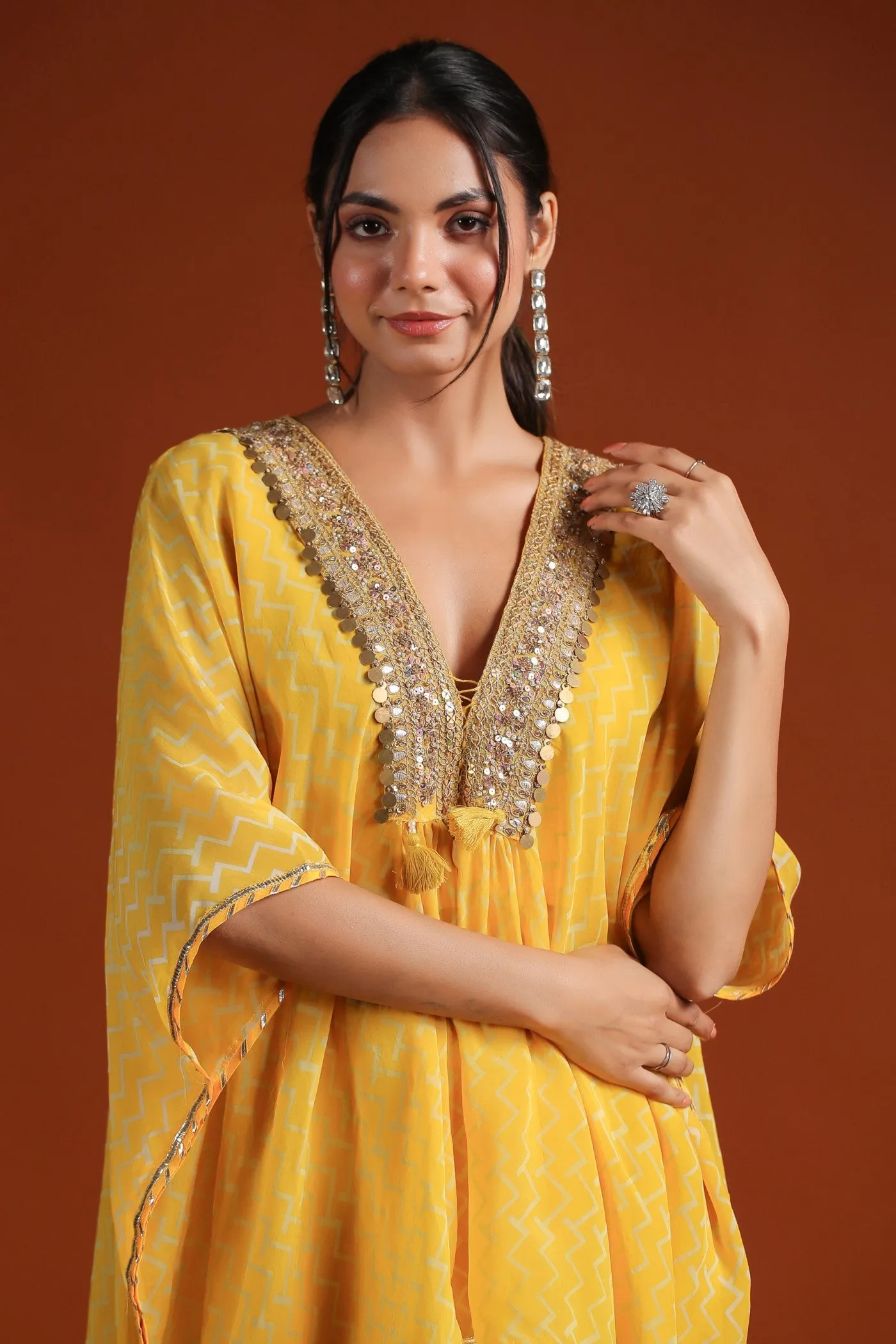 Yellow Chevron Organza Silk Kaftan with Palazzo