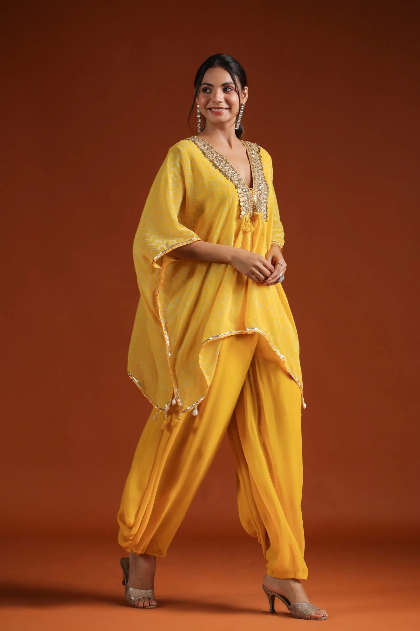 Yellow Chevron Organza Silk Kaftan with Palazzo