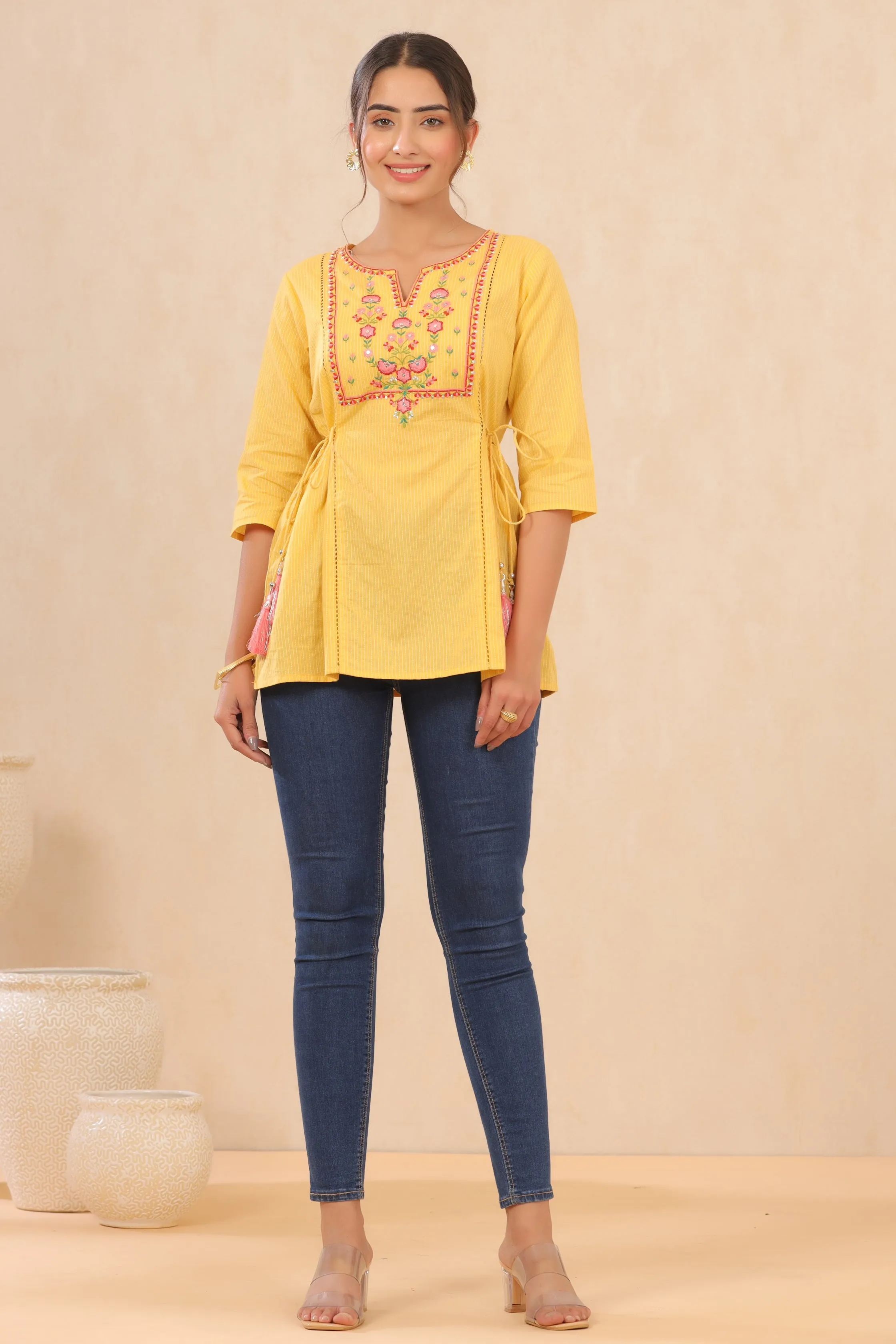 Yellow Cotton Dobby Embroidered A-Line Tunic