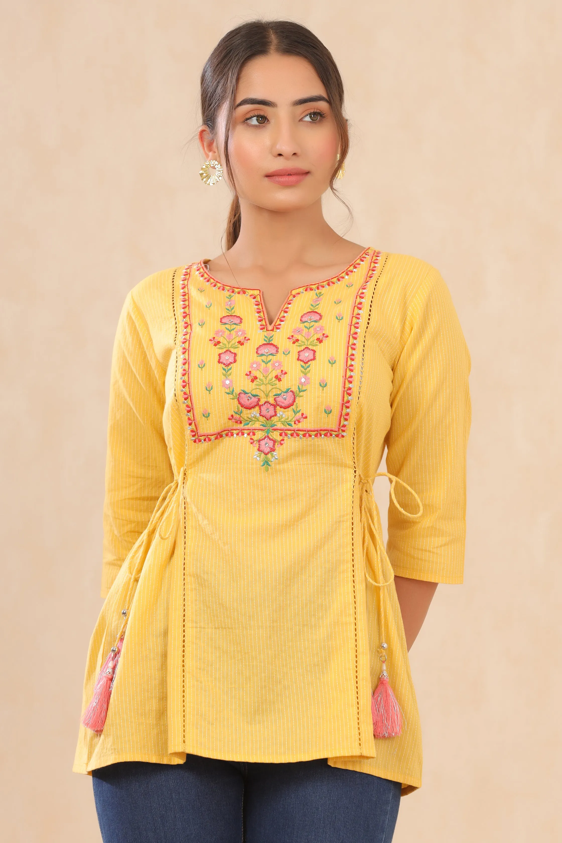 Yellow Cotton Dobby Embroidered A-Line Tunic