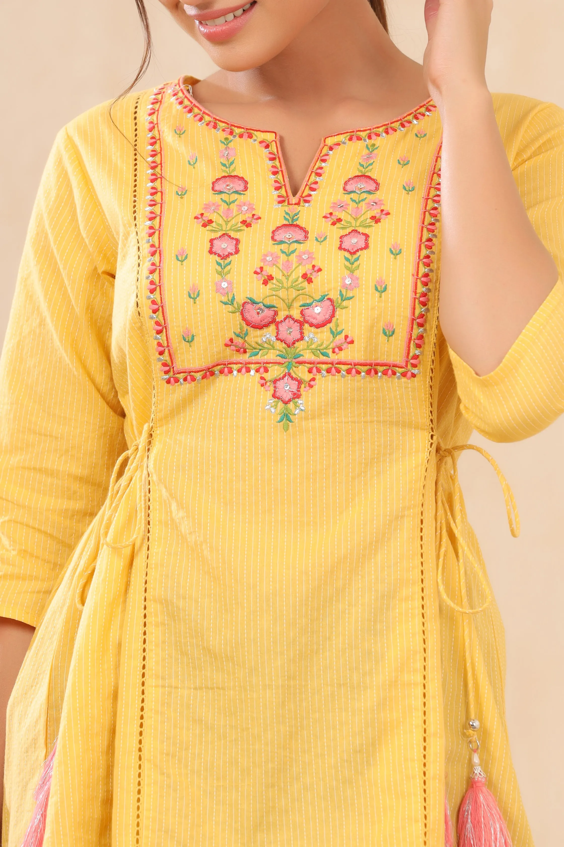 Yellow Cotton Dobby Embroidered A-Line Tunic