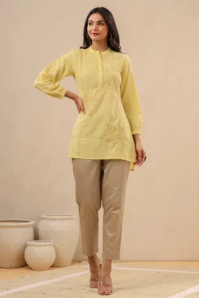 Yellow Cotton Slub Embroidered High-Low Tunic