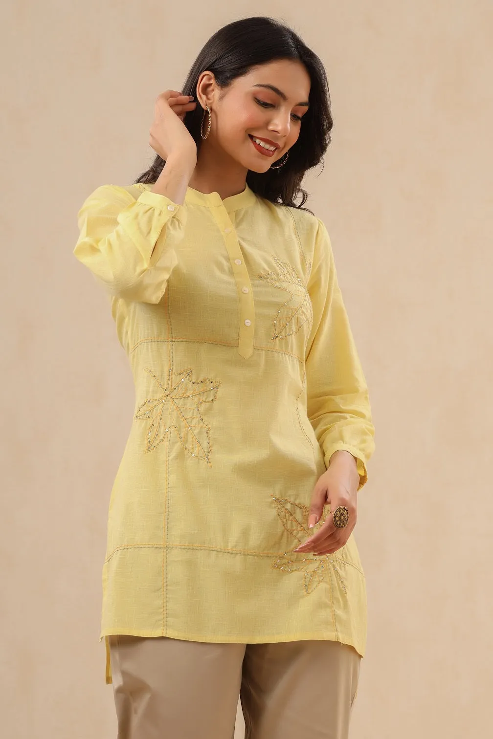 Yellow Cotton Slub Embroidered High-Low Tunic